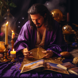 A gifted male psychic in a purple robe, reading a golden tarot deck.