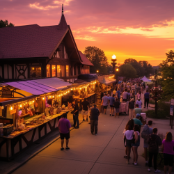 A psychic fair with people browsing stalls under a purple and gold sunset.