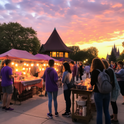 A psychic fair with people browsing stalls under a purple and gold sunset.