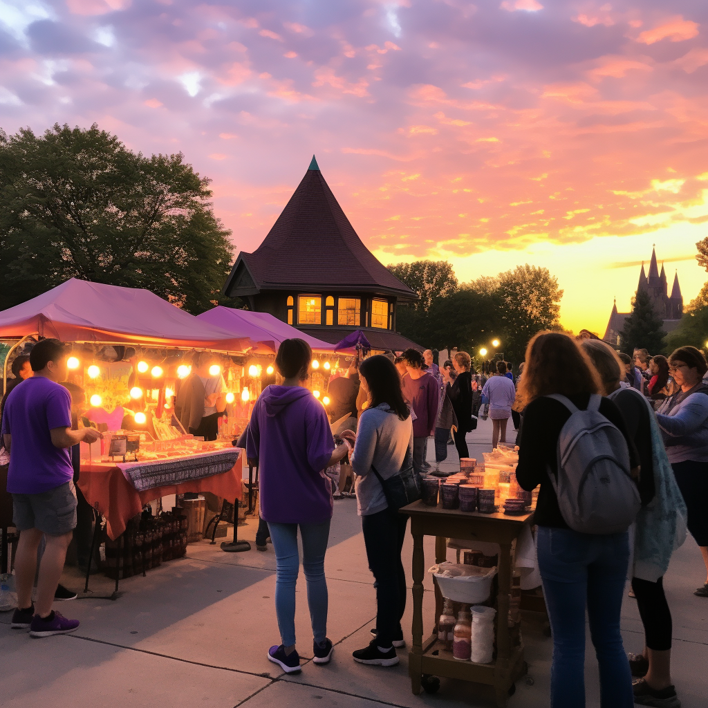 A psychic fair with people browsing stalls under a purple and gold sunset.